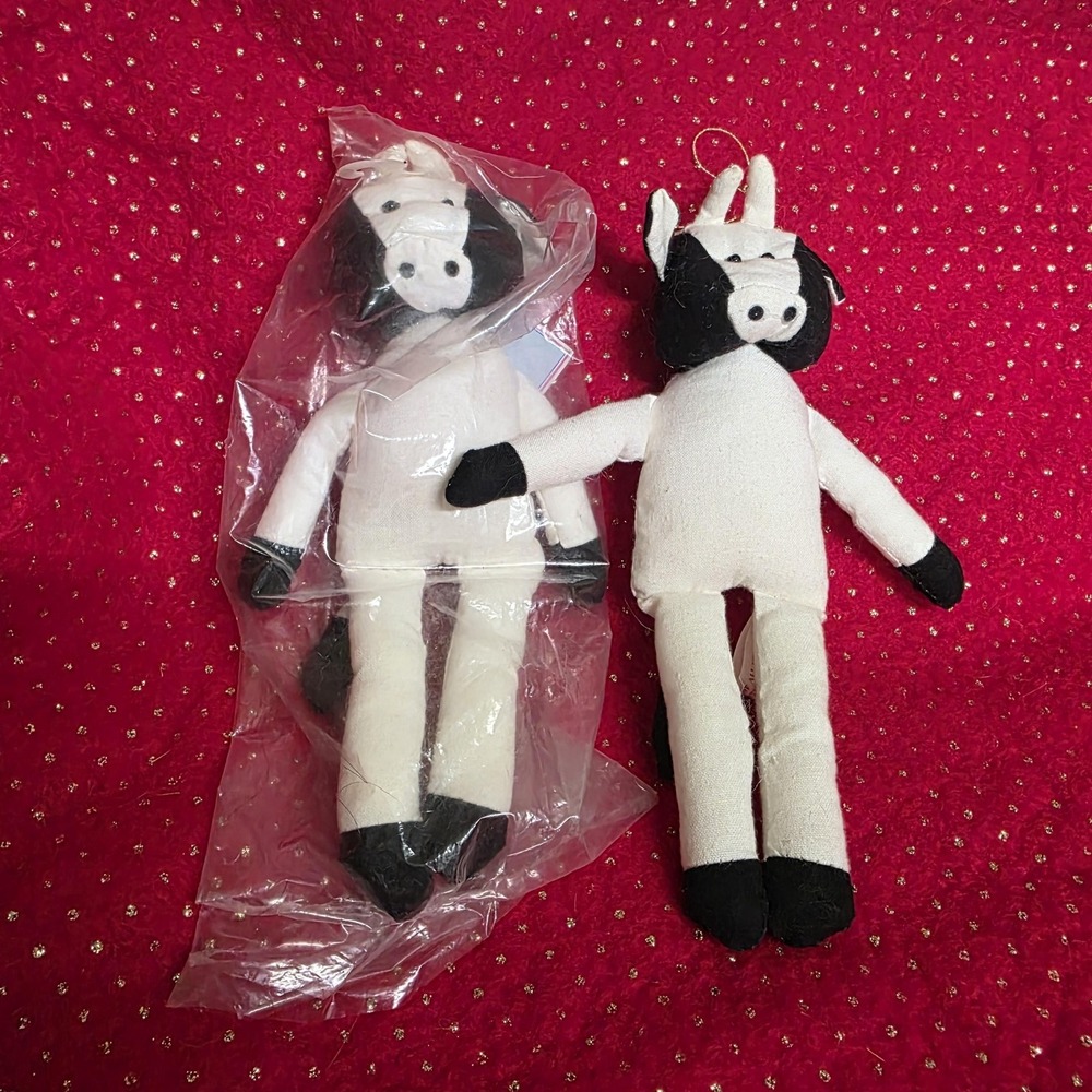 Vintage Leewards Cow Plush Ornaments‎ Set of 2 Black White Hanging Dolls Holiday